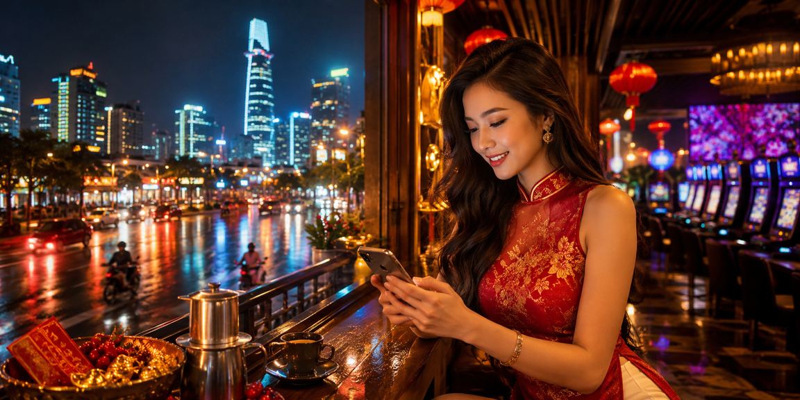 Người dùng TP. Hồ Chí Minh sử dụng ứng dụng casino di động cùng ly cà phê buổi sáng